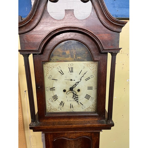 188 - 19TH CENTURY OAK LONG CASE CLOCK WITH PAINTED ARCH DIAL J. PEARSON LINCOLN