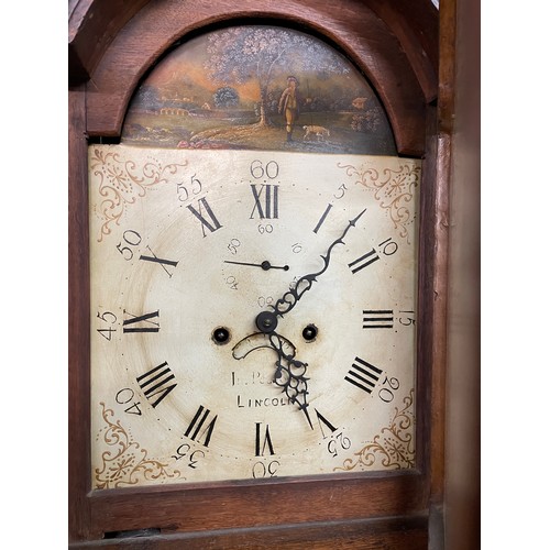 188 - 19TH CENTURY OAK LONG CASE CLOCK WITH PAINTED ARCH DIAL J. PEARSON LINCOLN