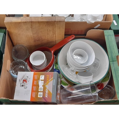 378 - TWO CARTONS - KITCHENALIA, SWAN TOASTER, ICE BUCKET AND TONGS, AGA STOVE KETTLE, AND MIXING BOWLS