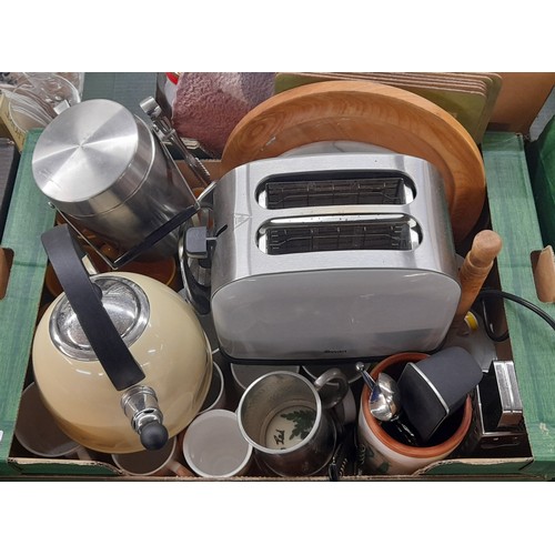 378 - TWO CARTONS - KITCHENALIA, SWAN TOASTER, ICE BUCKET AND TONGS, AGA STOVE KETTLE, AND MIXING BOWLS