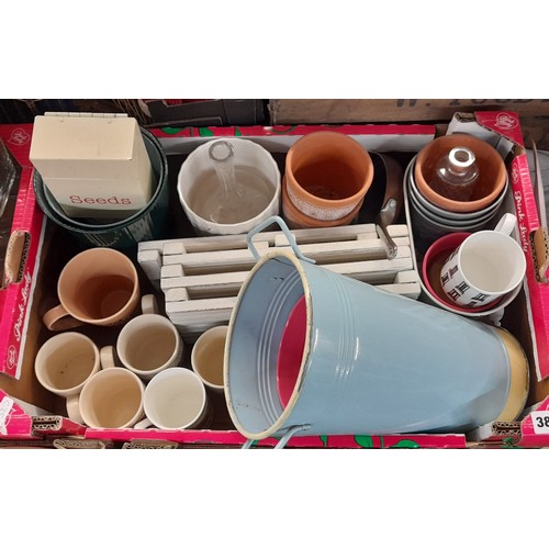 391 - CARTON - CERAMIC MUGS, WOODEN SHELVES AND GARDEN POTS