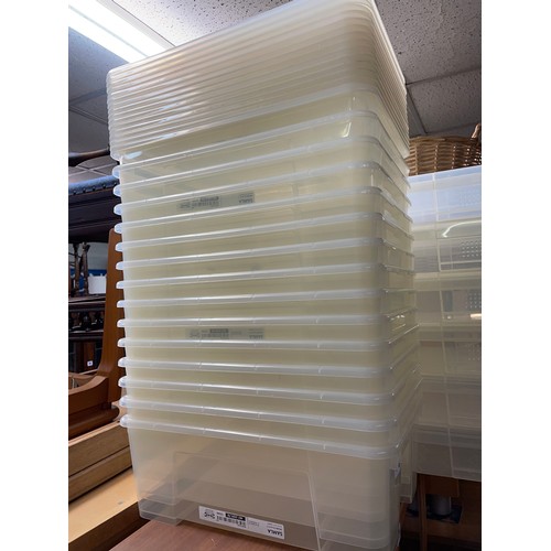 123 - STACK OF SMALL PLASTIC STORAGE CRATES WITH LIDS