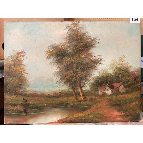 154 - SMALL OIL ON CANVAS OF COTTAGES BY A POND