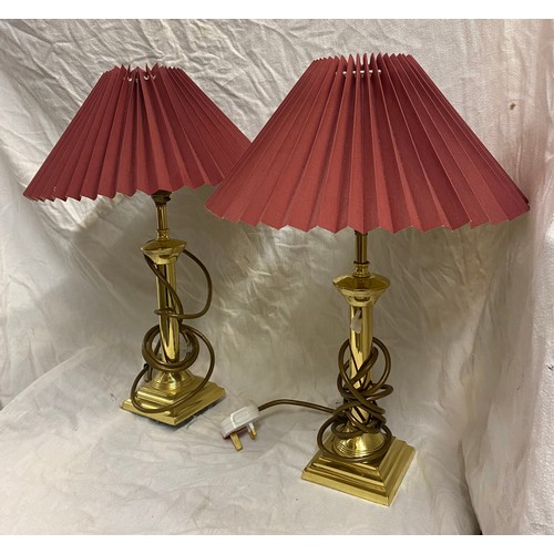 397 - PAIR OF BROWN AND MOCHA COLOURED TABLE LAMPS, AND PAIR OF BRASS LAMPS