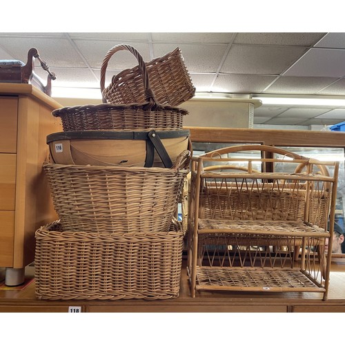 116 - QTY OF WICKER AND CANE WORK INC MAGAZINE RACK, HEN BASKETS AND TRUG