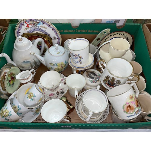 444 - CARTON OF ROYAL COMMEMORATIVE POTTERY MUGS, JARS AND COVER, PART TEASETS