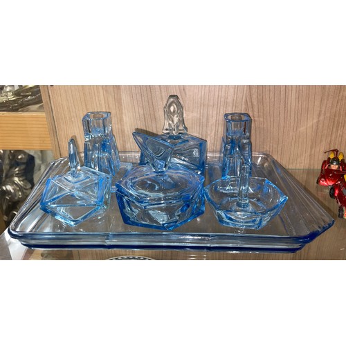 410 - POWDER BLUE ART DECO STYLE DRESSING TABLE SET ON TRAY