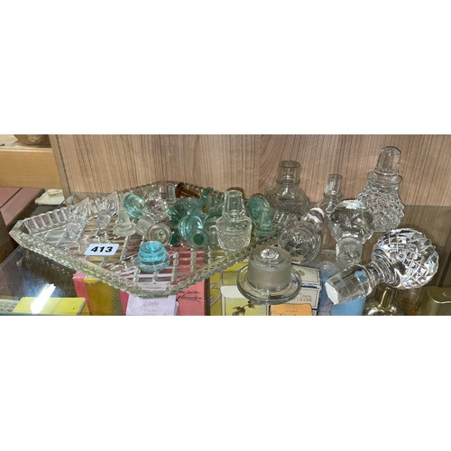 413 - SHELF OF GLASS BOTTLE STOPS INC PERFUME AND DECANTERS