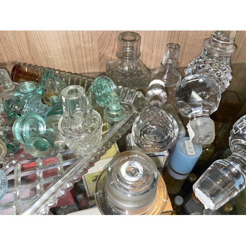 413 - SHELF OF GLASS BOTTLE STOPS INC PERFUME AND DECANTERS