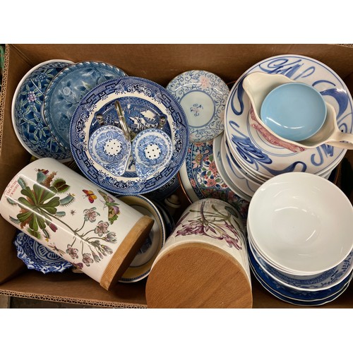 453 - DECORATIVE JAPANESE BLUE AND WHITE PLATES, BOWLS, AND PORT MERRION STORAGE CANISTERS