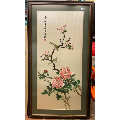 287 - CHINESE SILK PANEL OF BIRDS AMIDST BRANCHES FRAMED AND GLAZED