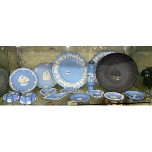 366 - WEDGWOOD POWDER BLUE JASPER WARE PIN DISHES AND TRINKETS AND LIMITED EDITION BLACK BASALT PLATE