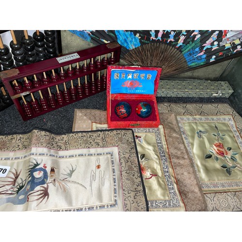 370 - TWO CHINESE ABACUS AND SILK EMBROIDERED PANELS