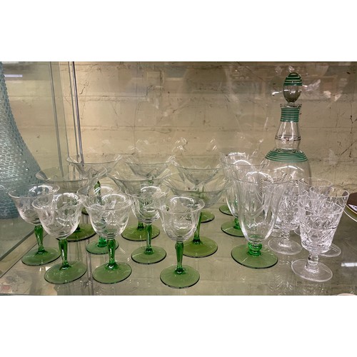 359 - GREEN BANDED GLASS DECANTER AND ETCHED GLASSWARES