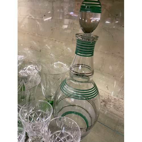 359 - GREEN BANDED GLASS DECANTER AND ETCHED GLASSWARES