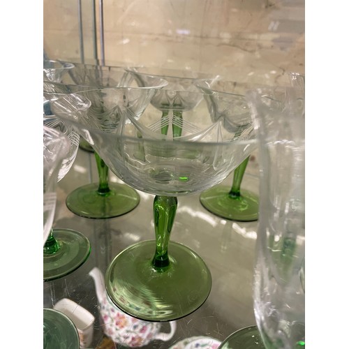 359 - GREEN BANDED GLASS DECANTER AND ETCHED GLASSWARES