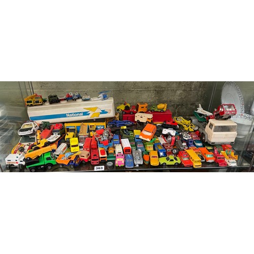 363 - SHELF OF PLAYWORN MATCHBOX DIE CAST TOY CARS AND VARIOUS VEHICLES