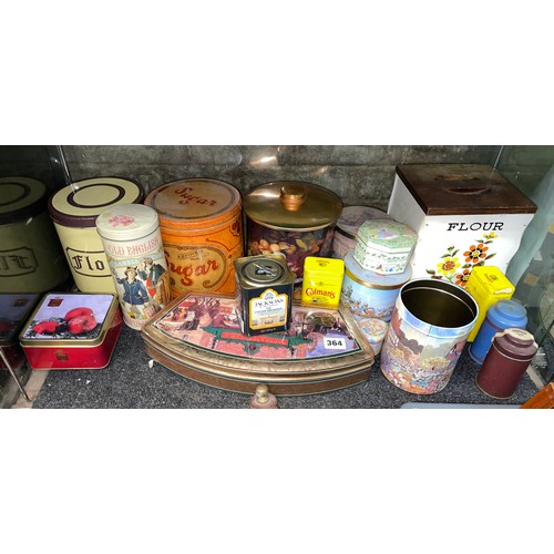 364 - SHELF OF REPRODUCTION ADVERTISING ENAMEL TINS AND CANNISTERS