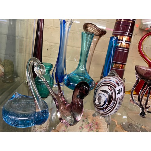 357 - SHELF OF 20TH CENTURY COLOURED GLASSWARE INC SPILL VASES, WHITE FRIARS, BUD VASE, GENIE BOTTLE, JELL... 