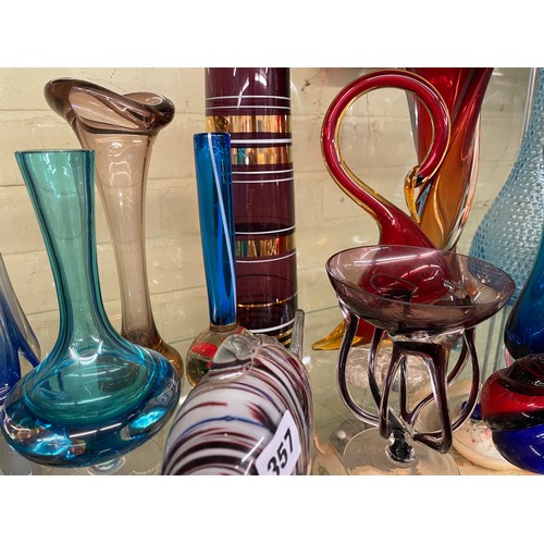 357 - SHELF OF 20TH CENTURY COLOURED GLASSWARE INC SPILL VASES, WHITE FRIARS, BUD VASE, GENIE BOTTLE, JELL... 