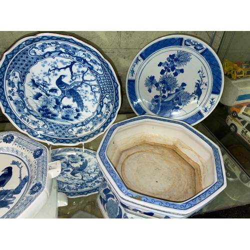 355 - PAIR OF JAPANESE BLUE AND WHITE VASES, SHALLOW OCTAGONAL PLANTER, WARMING DISH