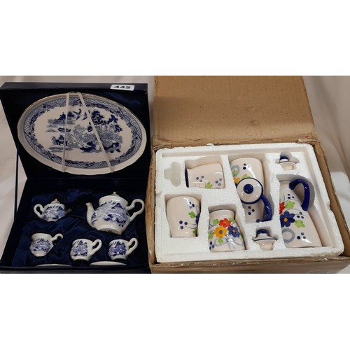 442 - MINIATURE BLUE AND WHITE WILLOW PATTERN TETE ET TETE, POTTERY SERVICE, TWO FLAT IRONS, BRASS PLANTER... 