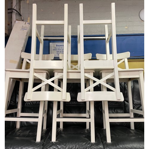 160 - FIVE WHITE PAINTED CROSS BACK HIGH BREAKFAST STOOLS