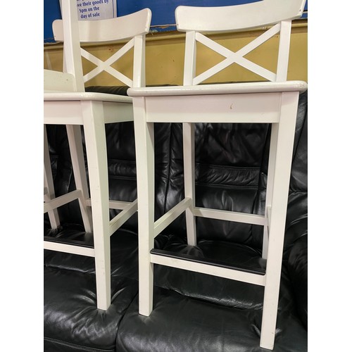 160 - FIVE WHITE PAINTED CROSS BACK HIGH BREAKFAST STOOLS