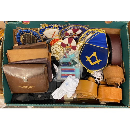 306 - CARTON - LEATHER LODGE SATCHELS, EMBROIDERED SEW ON BADGES, LEATHER BELTS AND GLOVES