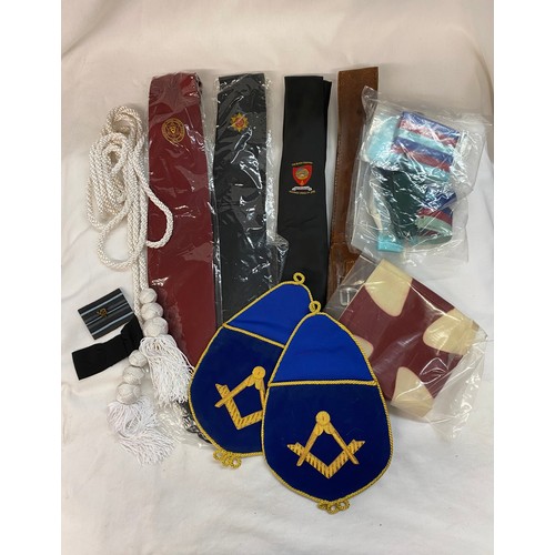 306 - CARTON - LEATHER LODGE SATCHELS, EMBROIDERED SEW ON BADGES, LEATHER BELTS AND GLOVES