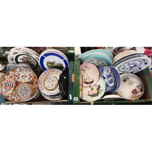 228 - TWO CARTONS - VARIOUS DECORATIVE PLATES, SPANISH PLAQUES, CAKE STAND, DINNERWARES