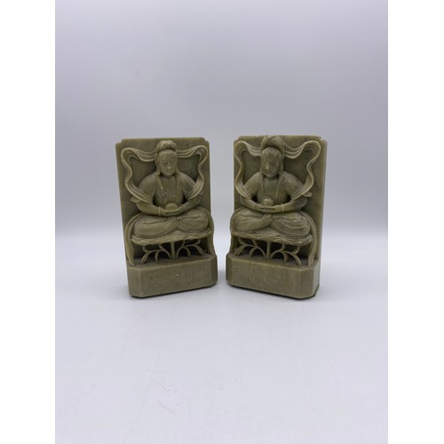 521 - PAIR OF CARVED GREEN SOAPSTONE BUDDHA BOOKENDS