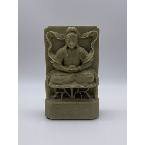 521 - PAIR OF CARVED GREEN SOAPSTONE BUDDHA BOOKENDS