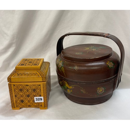 329 - CHINESE BURGANDY LAQUERED CARRYING BOX AND CARVED CADDY BOX