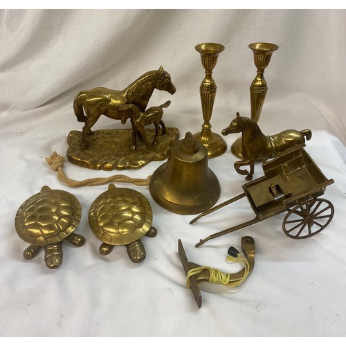 330 - BRASS HORSE AND CART FIGURES, CANDLE STICK AND BELL