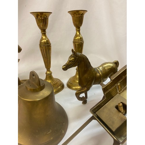 330 - BRASS HORSE AND CART FIGURES, CANDLE STICK AND BELL