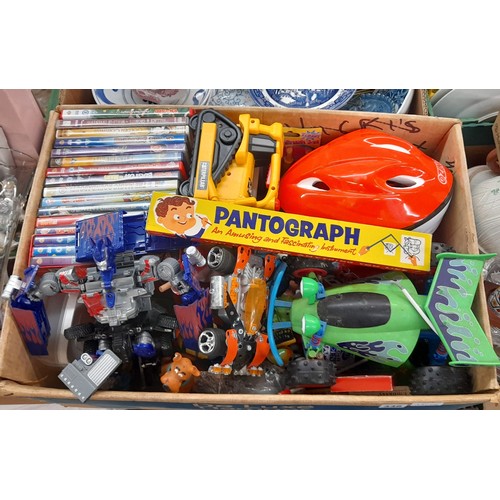 446 - CARTON OF ASSORTED TOYS INC A TRANSFORMER TOY, FACE MASKS, WOODEN PIRATE GALLEON