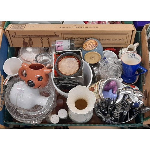 447 - CARTON - VARIOUS CERAMIC TEAPOTS AND MUGS, MAPLE CEILING POT RACK, CONTGAINER OF CUTLERY, CUT GLASS ... 