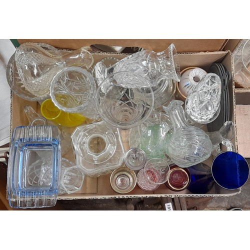 449 - SMALL BOX OF CUT GLASS VASES, DECANTER AND STOPPER