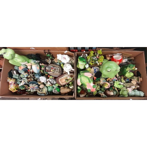 441 - TWO BOXES OF POTTERY RESIN AND CERAMIC NOVELTY FROG FIGURE GROUPS, BISCUIT JAR ORNAMENTS