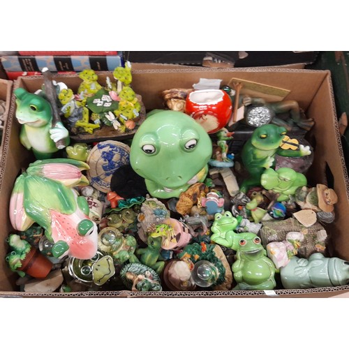 441 - TWO BOXES OF POTTERY RESIN AND CERAMIC NOVELTY FROG FIGURE GROUPS, BISCUIT JAR ORNAMENTS