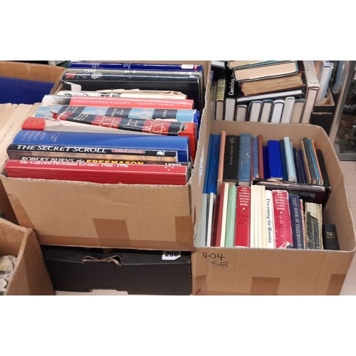 250 - THREE BOXES OF MAINLY HARD BACK BOOKS ON FREE MASONARY SECRET SOCIETIES AND DIRECTORIES