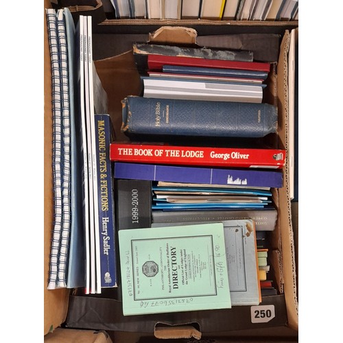 250 - THREE BOXES OF MAINLY HARD BACK BOOKS ON FREE MASONARY SECRET SOCIETIES AND DIRECTORIES