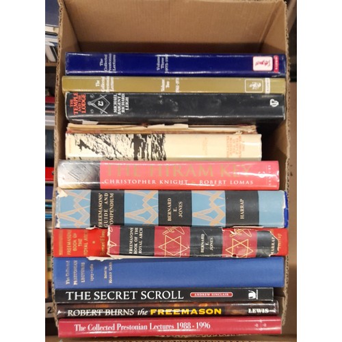 250 - THREE BOXES OF MAINLY HARD BACK BOOKS ON FREE MASONARY SECRET SOCIETIES AND DIRECTORIES