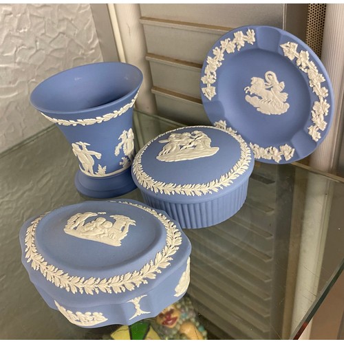 350 - WEDGWOOD POWDER BLUE JAPSER WARE BOXES AND COVERS, PIN DISH AND SMALL GLASS OIL LAMP