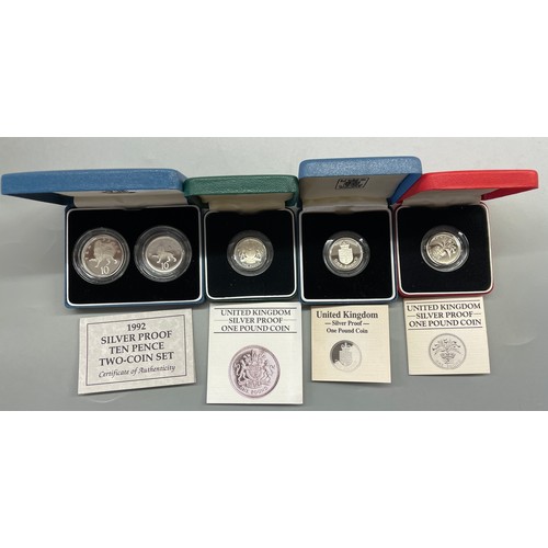 587 - UK SILVER PROOF ONE POUND COINS (THREE) 1992 SILVER PROOF 10 PENCE TWO COIN SET