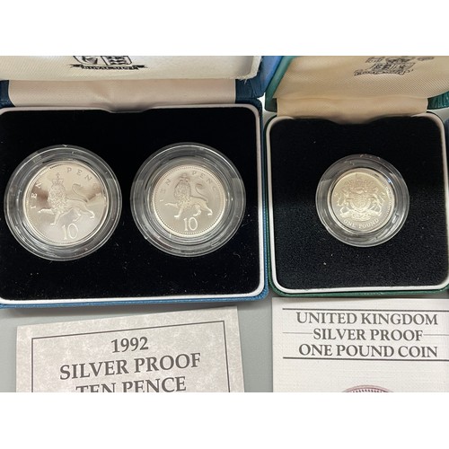 587 - UK SILVER PROOF ONE POUND COINS (THREE) 1992 SILVER PROOF 10 PENCE TWO COIN SET