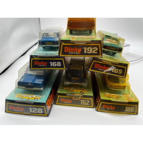 540 - MINT AND BOXED DINKY DIECAST CARS - 128, 152, 165, 168, 188, AND 192