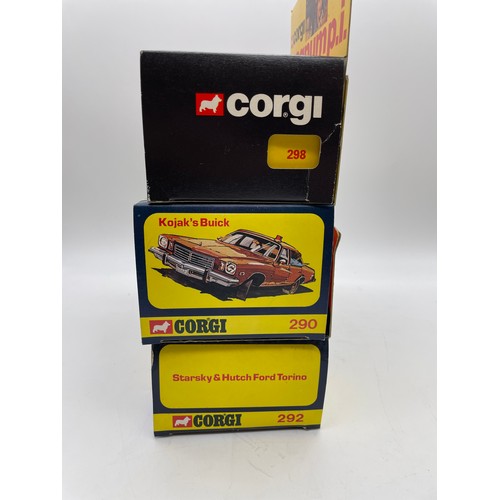 537 - THREE MINT AND BOXED CORGI DIE CAST TV SERIES CAR 290 KOJAK BUICK, MAGNUM PI 298 FERRARI, 292 STARSK... 