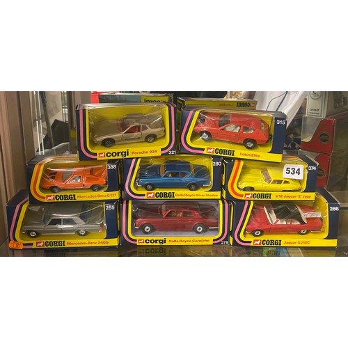 534 - MINT AND BOXED CORGI DIE CAST MODELS - 388 AND 385 MERCEDES BENZ, 321 PORCHE, 279 AND 280 ROLLS ROYC... 